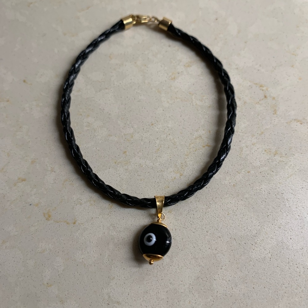 NEW Gold Plated over Sterling Silver Braided Leather Evil Eye Charm Bracelet